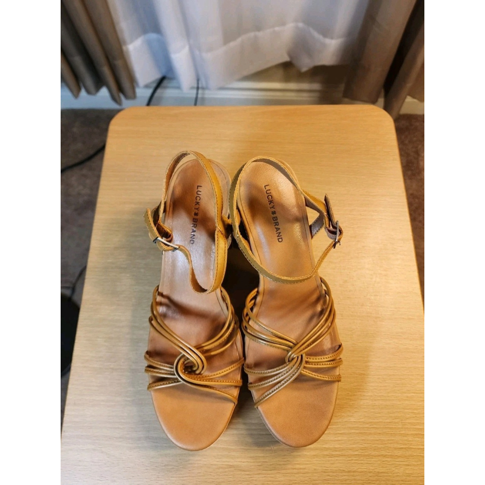 Lucky Brand Cognac Brown Retro Chic Classic Wooden Platform Sandals SZ 9.5 M - Picture 13 of 16